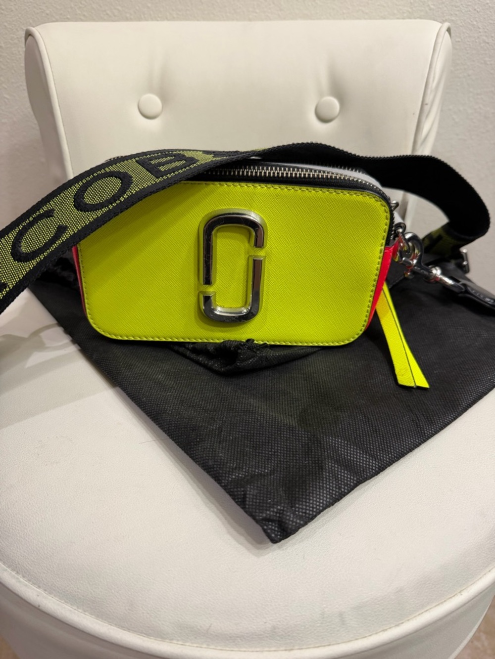 Marc Jacobs Neon Yellow and Black Crossbody Camera Bag with White Trim